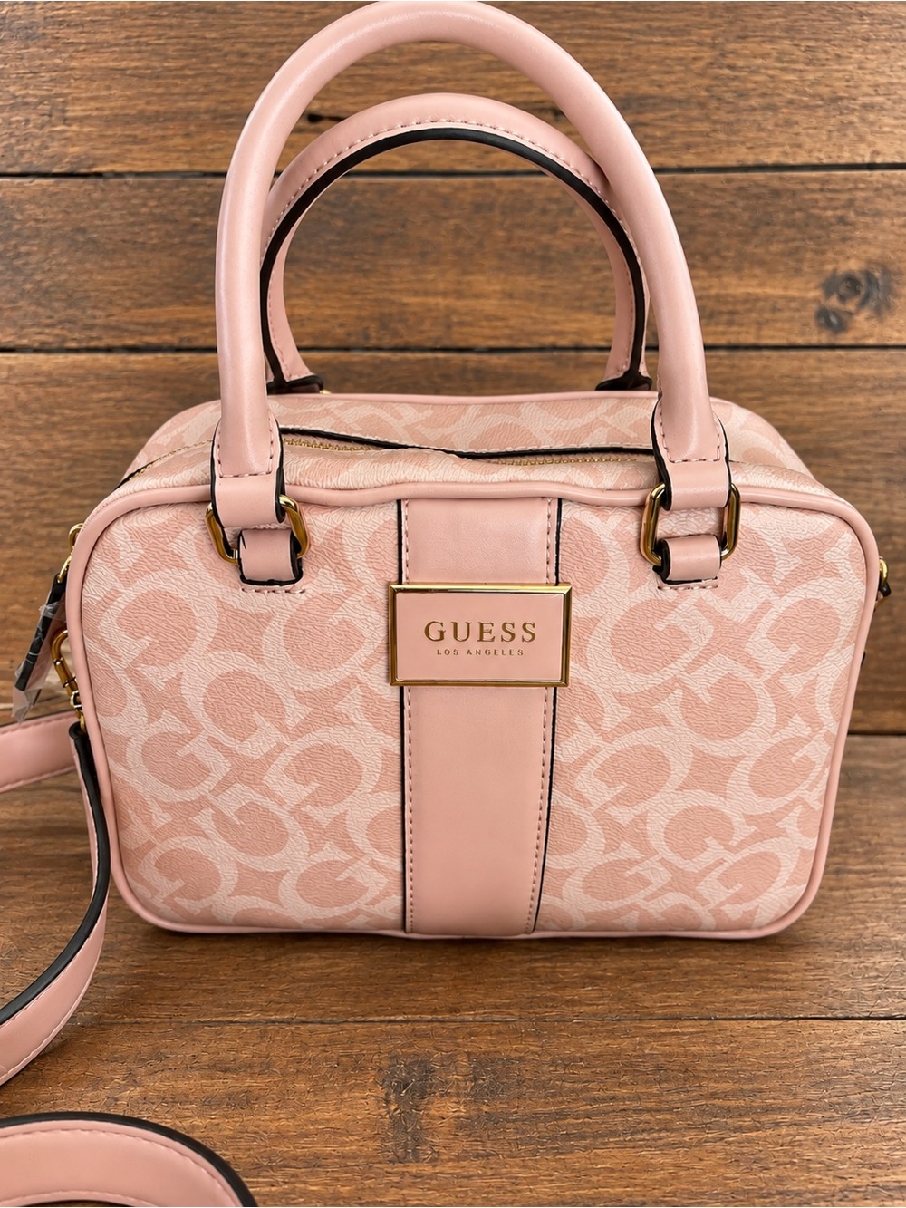 GUESS Light Pink Monogram Satchel with Gold Plaque